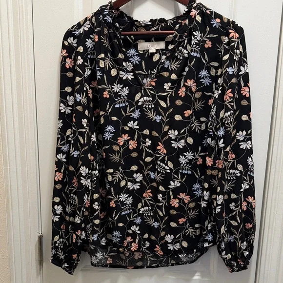 LOFT Black Blouse with Floral Design - Picture 1 of 5